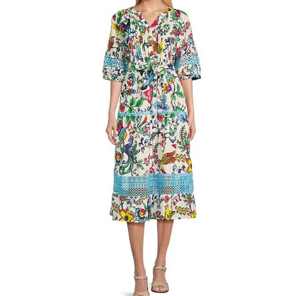 Floral Print Split Neck Short Sleeve Lace Trim Button Front Midi Dress size L - Picture 2 of 8